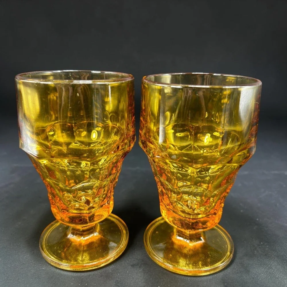 Anchor Hocking Georgian Amber Glass Goblets Thumbprint Whitehall Footed Set of 2